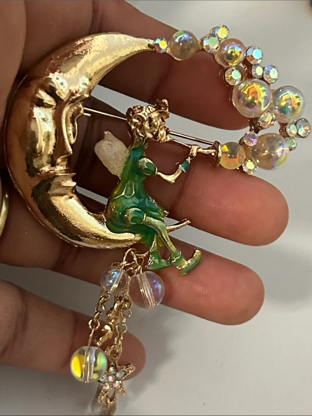 Gold and Green Crescent Moon Fairy Brooch with Iridescent Beads - Women Jewelry